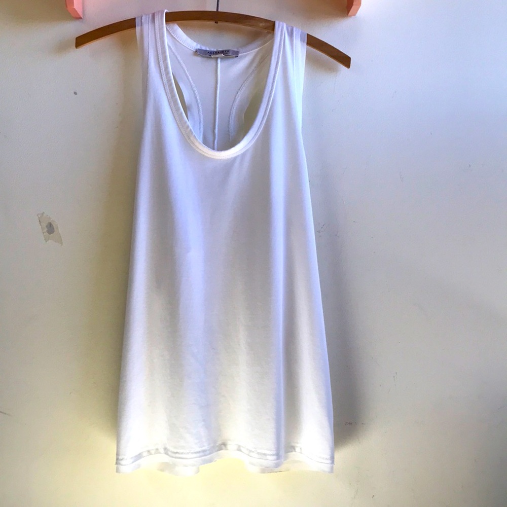 All Saints sz 4 tank white knit with sheer silk raw edge trim at neck hem arm op